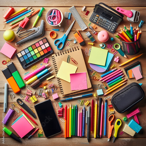 Vibrant top-down diew of colorful school supplies on a wooden table.