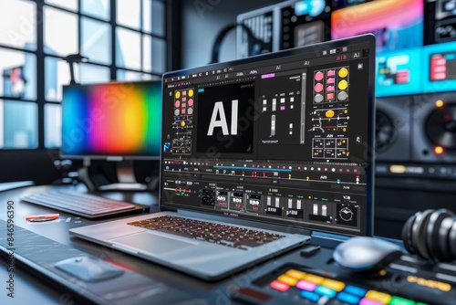 Wallpaper Mural AI workstation with multiple screens and devices, representing cutting edge technology, digital innovation, and advanced computing setups in a modern office environment Torontodigital.ca