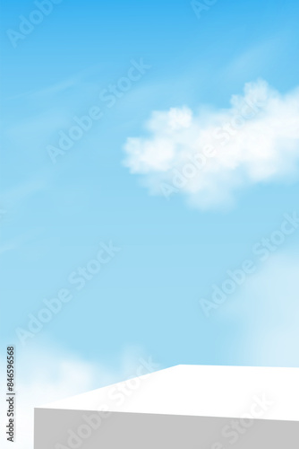 Sky blue,Cloud background, 3d White Podium step display mockup for cosmetic product present,Vector minimal backdrop scene grey Platform,Vertical Design banner for Spring,Summer background