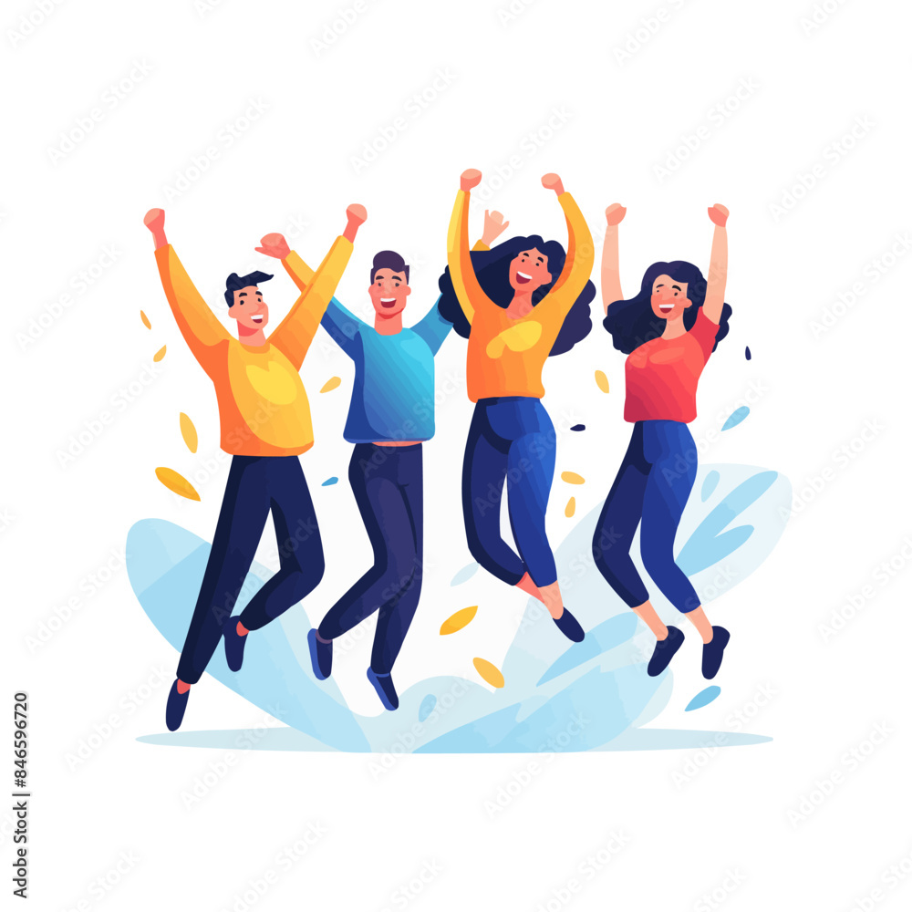 Happy people group celebrating holiday, success with fun and joy. Smiling characters team jumping up together. Victory and triumph expression. Flat vector illustration isolated on white