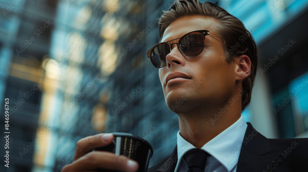 Stylish businessman wearing sunglasses and holding a coffee cup in an urban setting, reflecting confidence and success. Stylish businessman wearing sunglasses and holding a coffee cup in an urban setting, reflecting confidence and success.