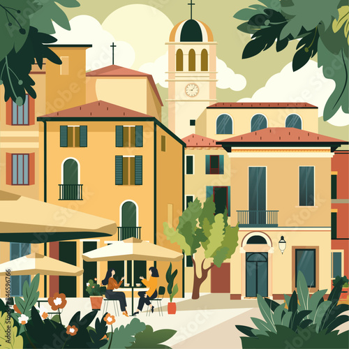 Two women drinking coffee in central parma. Italy, city Parma, Regio Emilia. Parma cityscape with famous landmarks, city sights.