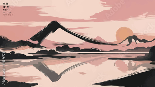 Mountain and lake landscape Chinese background. in traditional oriental, minimalistic Japanese style. Vector illustration