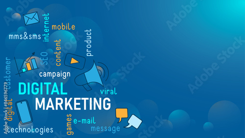 DIGITAL MARKETING vector concept with key terms and icons and copy space on dark blue background