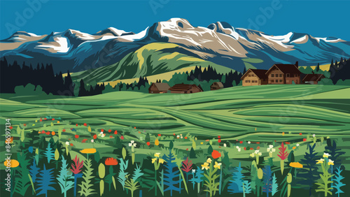 Mountain green field alpine landscape nature with wooden houses illustration in vector flat color style illustration