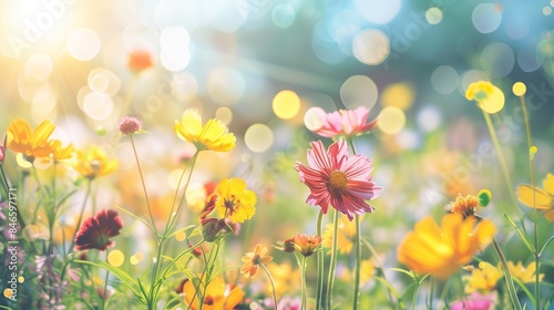 Colorful flower meadow with sunbeams and blue sky and bokeh lights in summer - nature background banner with copy space - summer greeting card wildflowers spring concept --