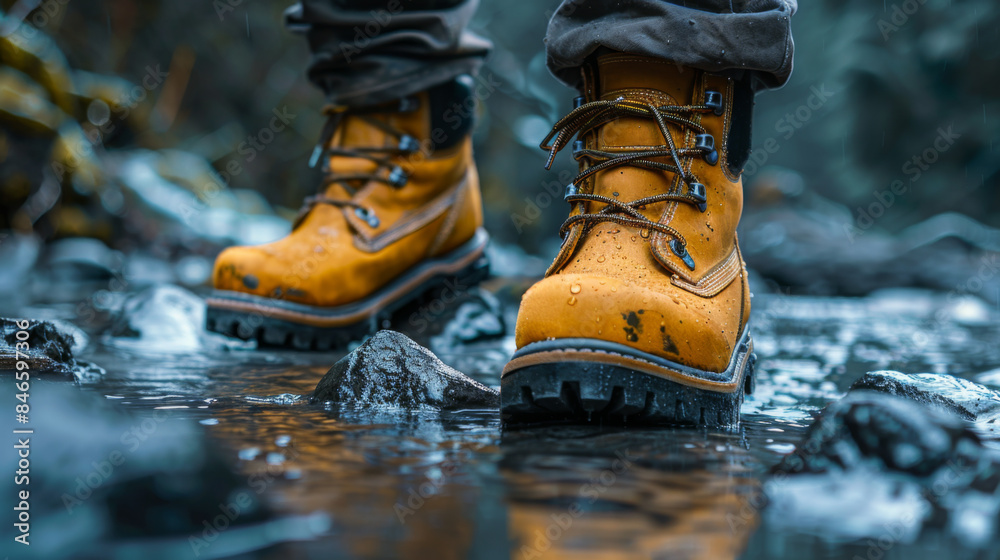 Close-up of yellow hiking boots standing in a shallow mountain stream, highlighting outdoor adventure and exploration. Close-up of yellow hiking boots standing in a shallow mountain stream, highlighting outdoor adventure and exploration.