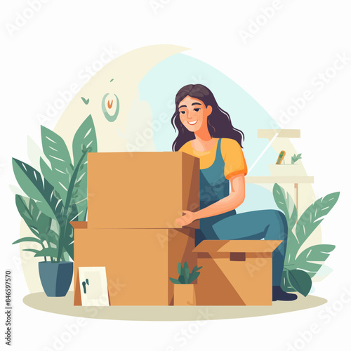 Relocation concept. Happy young woman moving into a house, apartment. Smiling girl packing or unpacking cardboard boxes. Relocating to a new home. Isolated flat vector illustration