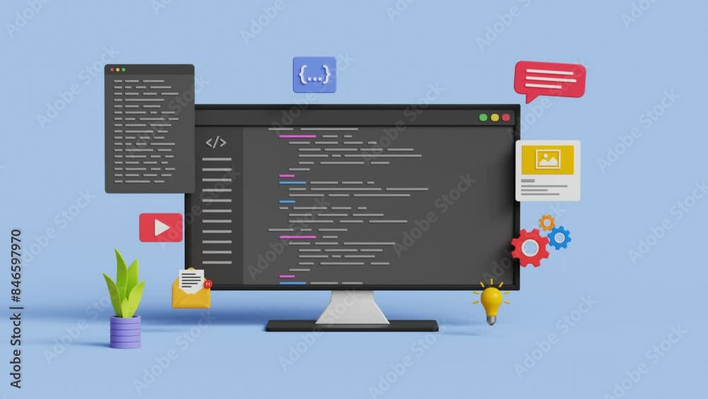 Programming or developing a software or game. Application, program or code development. 4k 3d animation