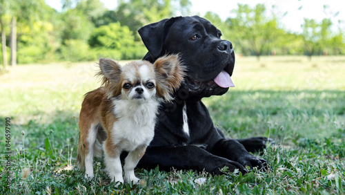 Obraz na płótnie Cane Corso and Papillon in the park on green grass