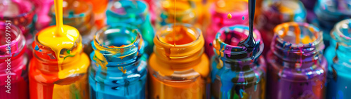 Colorful paint dripping from acrylic bottles in the shape of rainbows, creates an abstract and colorful background in the style of various artists.