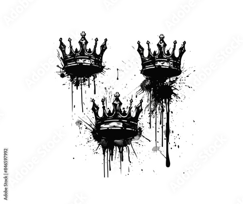 Set of graffiti spray painted crowns. Black brush paint king crown isolated on white background. Hand drawn street art vector illustration. Grunge airbrush drawing, inky elements