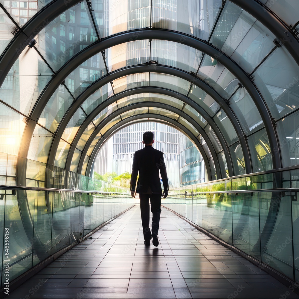 businessman walking in building tunnel looking and leaving businessman walking in building tunnel looking and leaving
