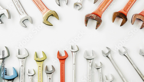 A variety of wrenches are meticulously placed in a circular design on a clean white table