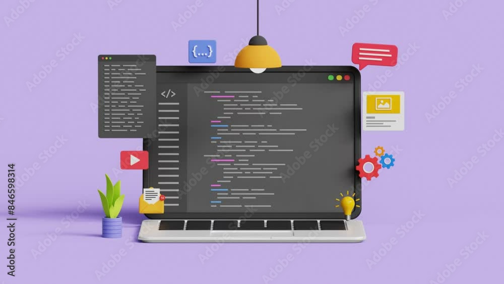 Software development coding process concept. Coding on 3d laptop. 4k 3d animation