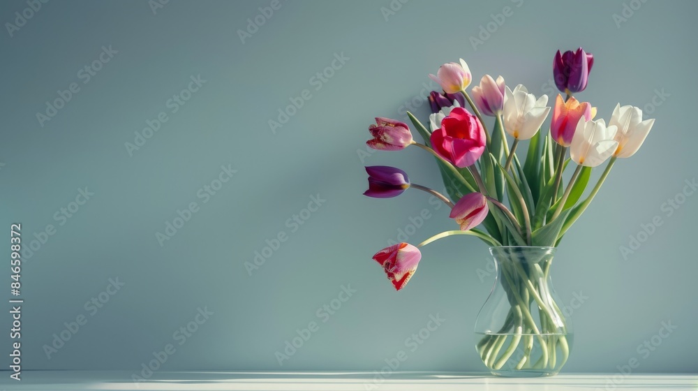 An elegant studio shot of fresh tulips arranged in a vase perfect for spring home decor advertising An elegant studio shot of fresh tulips arranged in a vase perfect for spring home decor advertising