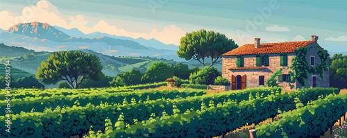 A picturesque vineyard with rows of grapevines in neat formation. Vector flat minimalistic isolated illustration.