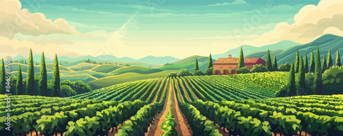 A picturesque vineyard with rows of grapevines in neat formation. Vector flat minimalistic isolated illustration.