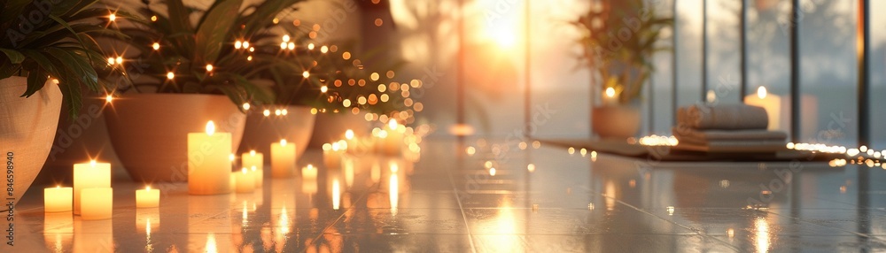 Serene and luxurious spa layout with soft warm glow, elegant and minimalist aesthetic, tranquil atmosphere, festive twinkle lights, stylish wellness touch 8K , high-resolution, ultra HD,up32K HD