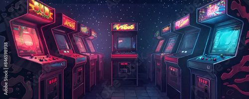 Retro arcade with glowing machines and joysticks. Vector flat minimalistic isolated illustration.