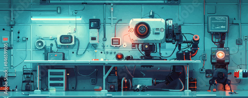 Steampunk robot in a laboratory Vector flat minimalistic isolated illustration