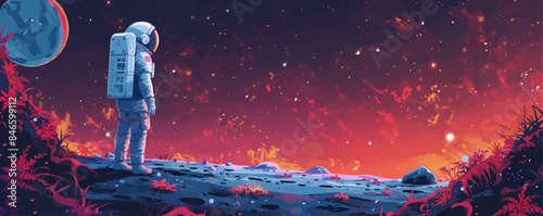 Space explorer discovering a new planet with strange flora and fauna. Vector flat minimalistic isolated illustration.