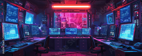 Cyberpunk hacker's den with glowing screens Vector flat minimalistic isolated illustration