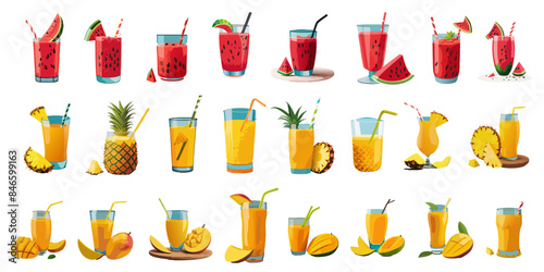 glass of watermelon, pineapple, mango juice package, Summer Drink, Fruit drink, cafe, bar, restaurant menu, Vector illustration