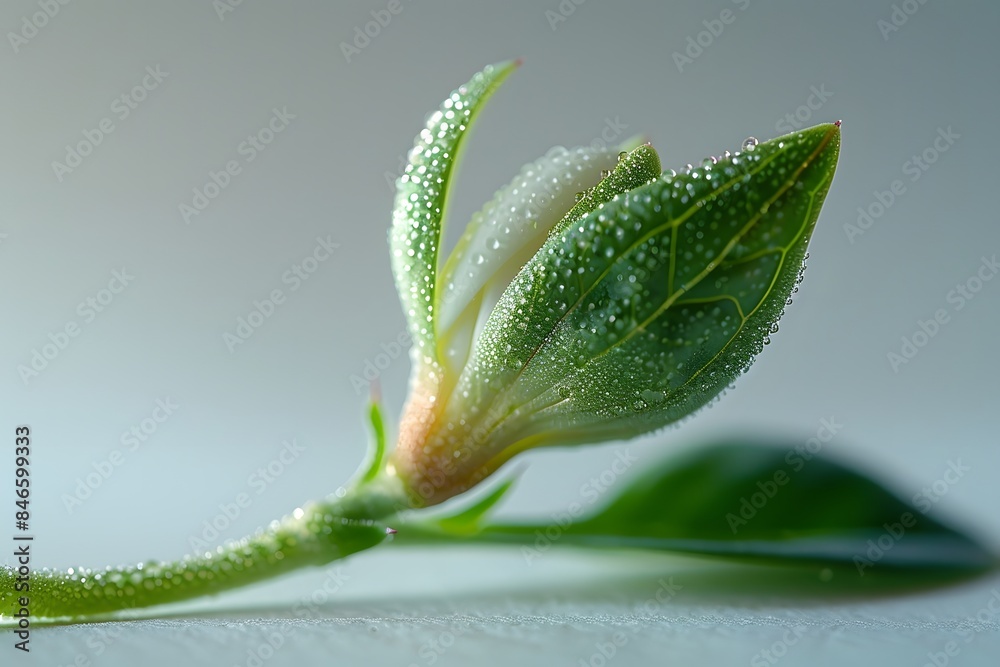 Closed white flower bud close up. Twig isolated on white background. Closed white flower bud close up. Twig isolated on white background.