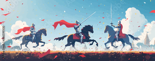 Medieval jousting tournament with knights in full armor. Vector flat minimalistic isolated illustration.