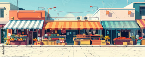 A quaint village square bustling with farmers' market stalls and cheerful locals. Vector flat minimalistic isolated illustration