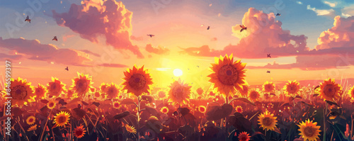 A radiant sunset over a field of sunflowers with bees buzzing among the blooms. Vector flat minimalistic isolated illustration.