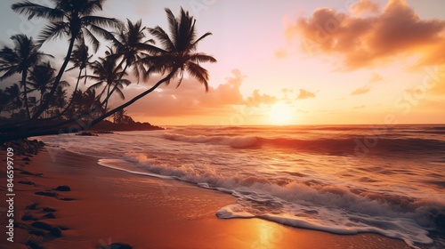 Serene tropical beach at sunset with palm trees, gentle waves, and a colorful sky. Perfect moment to relax and enjoy nature's beauty.