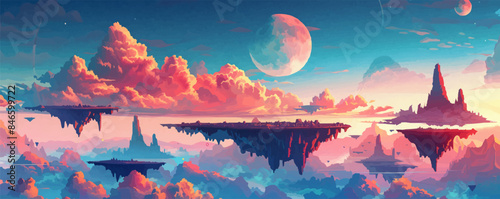 Surreal dreamlike landscape with floating islands Vector flat minimalistic isolated illustration