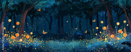 Enchanted forest glade with glowing fireflies Vector flat minimalistic isolated illustration