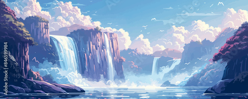 Majestic waterfall cascading down rocky cliffs Vector flat minimalistic isolated illustration