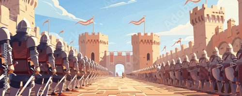 Medieval castle courtyard with knights in shining armor. Vector flat minimalistic isolated illustration.