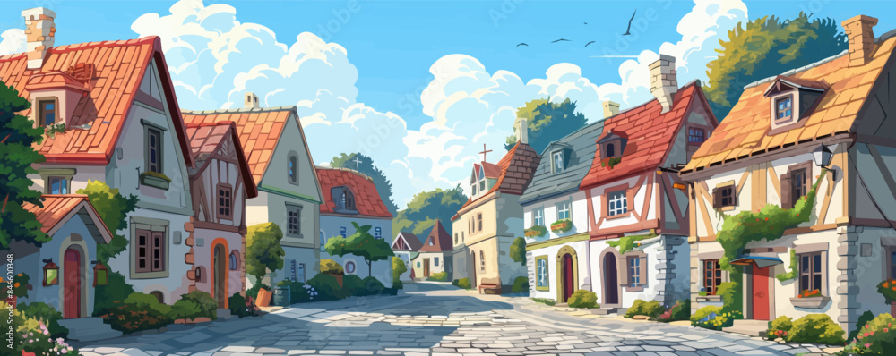 A charming European village with cobblestone streets and quaint cottages. Vector flat minimalistic isolated illustration