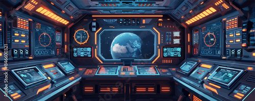 Sci-fi spacecraft interior with control panels and screens Vector flat minimalistic isolated illustration
