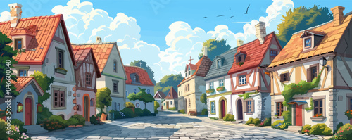 A charming European village with cobblestone streets and quaint cottages. Vector flat minimalistic isolated illustration