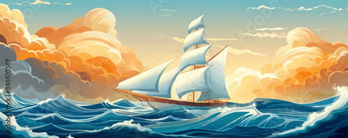 A rustic wooden sailing ship navigating through stormy seas. Vector flat minimalistic isolated illustration.
