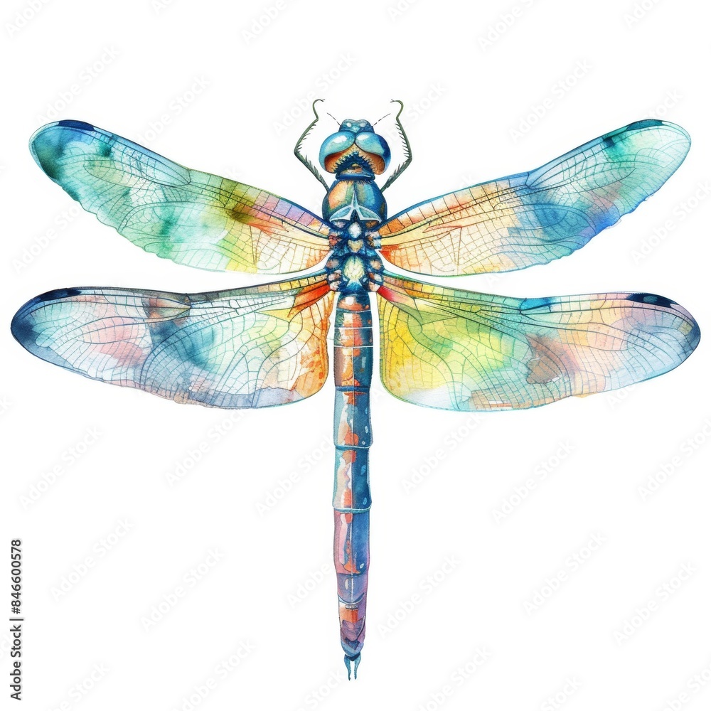 Beautiful watercolor clipart featuring a delicate dragonfly, isolated on a white background Perfect for adding a touch of elegance to your projects