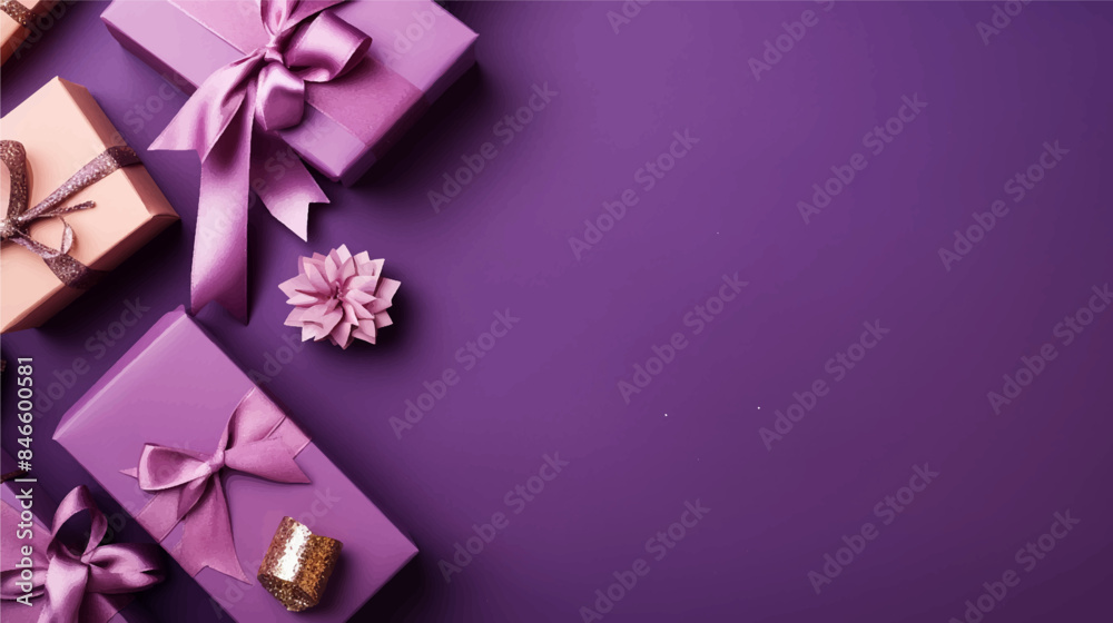 Purple background. Xmas purple gift box and gold ribbon bow viewed from above for text Merry Christmas, Happy New Year and Black Friday season. Horizontal banner, website. Vector illustration Purple background. Xmas purple gift box and gold ribbon bow viewed from above for text Merry Christmas, Happy New Year and Black Friday season. Horizontal banner, website. Vector illustration
