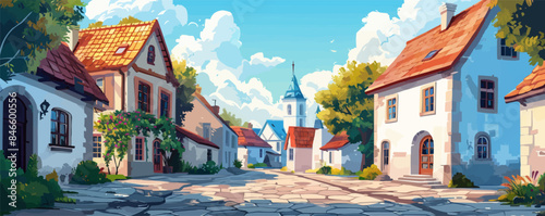 Quaint village with cobblestone streets Vector flat minimalistic isolated illustration
