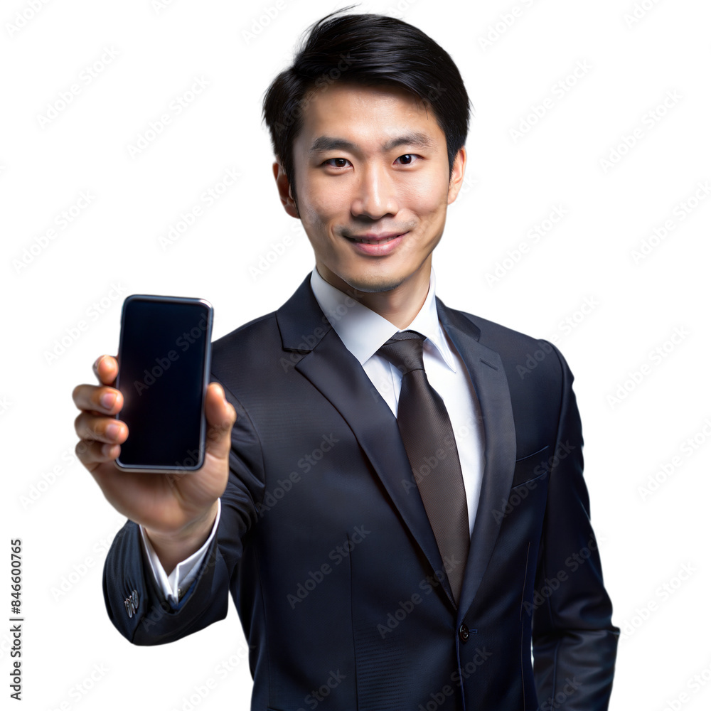 Confident businessman showing smartphone on transparent background Confident businessman showing smartphone on transparent background