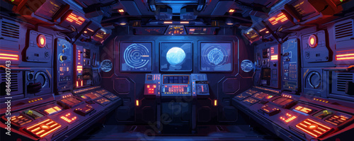 Sci-fi spaceship interior with control panels Vector flat minimalistic isolated illustration