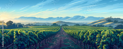 A tranquil river winding through a lush green valley. Vector flat minimalistic isolated illustration.