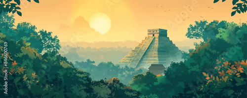 Mayan pyramid rising from the jungle canopy. Vector flat minimalistic isolated illustration.