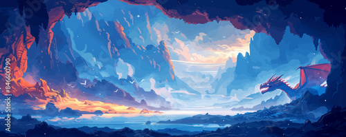 A majestic dragon's lair hidden deep within a mountain cavern. Vector flat minimalistic isolated illustration.