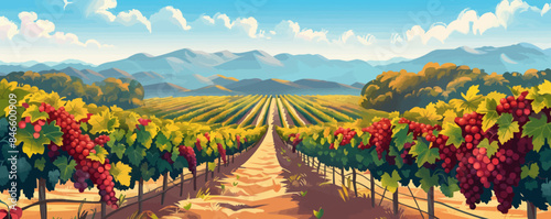 Sunny vineyard with rows of grapes Vector flat minimalistic isolated illustration